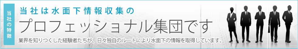 当社の特徴 当社は水面下情報収集の プロフェッショナル集団です 業界を知りつくした経験者たちが、日々独自のルートにより水面下の情報を取得しています。